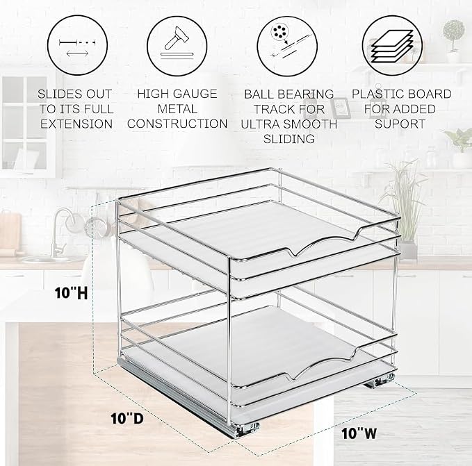 Pull-Out Cabinet Spice Rack Organizer 2-Tier, 10 ½"W x 10 ⅜"D x 8 ⅞"H | Slim Slide-Out Storage for Spices, Bottles & Jars, Premium Heavy-Duty Steel, Easy Install for Narrow Kitchen Cabinets, Chrome - Image 5