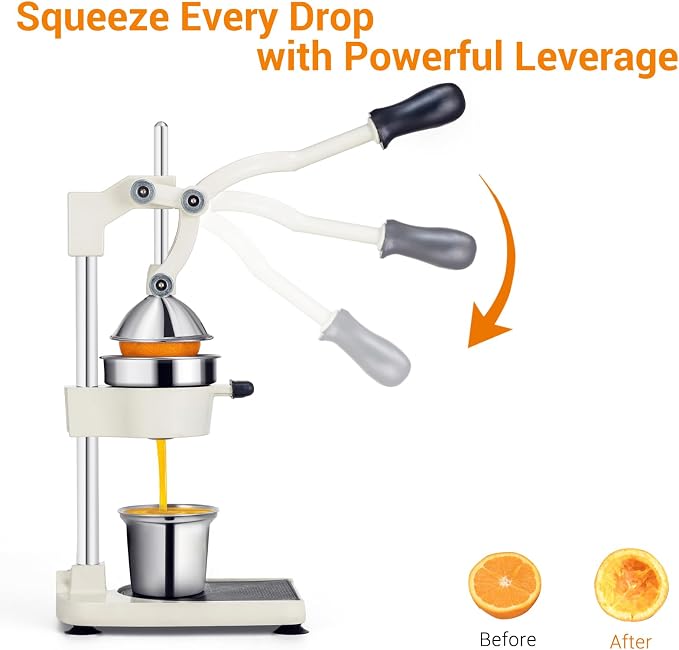 TONGCHANT Cast Iron Manual Juicer for Orange Lemon & Pomegranate, 17" Tall | Heavy Duty Orange Juicer Squeezer, Citrus Press, Hand Press Juicer, Stainless Steel Cup, Easy to Clean, White - Image 6