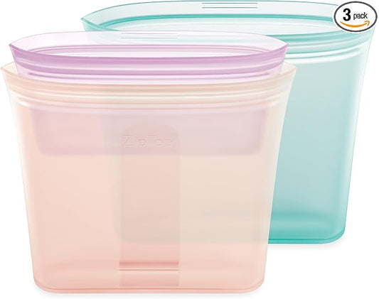 Zip Top Reusable Food Storage Bags | 3 Bag Set [Teal/Peach/Lavender] - 2 Sandwich, 1 Snack | Silicone Meal Prep Container | Microwave, Dishwasher and Freezer Safe | Made in the USA by ZipTop