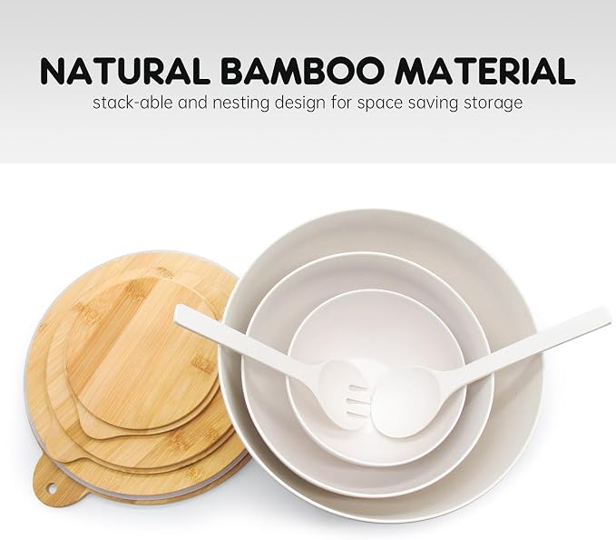 ECOWAY Salad Bowls Set of 3 with Seal Lid & Serving Utensils, Bamboo Fiber Mixing Bowls Set Large Serving Bowls & Storage Set with Bamboo Lid for Salad, Kitchen Eating, Pasta, Popcorn, Fruit, White - Image 4