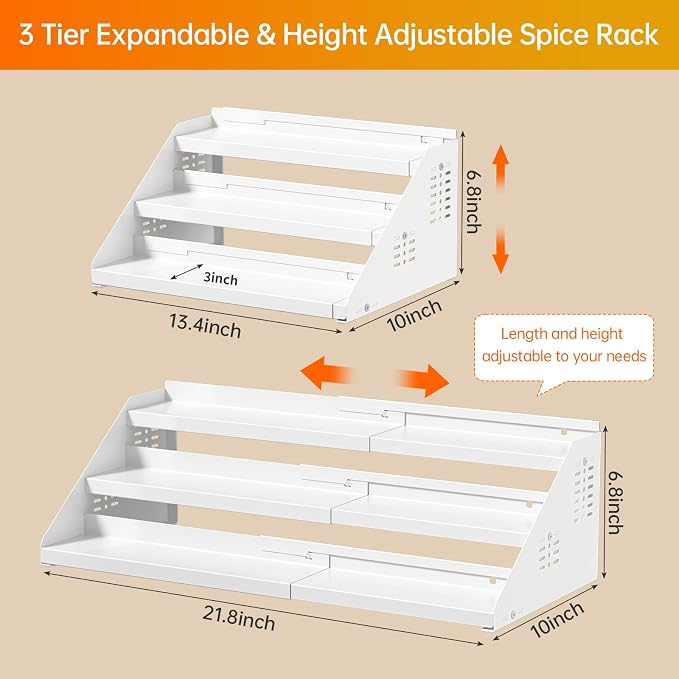 RCHYFEED 3 Tier Expandable Spice Rack Organizer, Height Adjustable,Metal | White, Multi-purpose Metal Display Organizer for Cabinet, Countertop, Pantry and Cupboard Spice Storage - Image 5