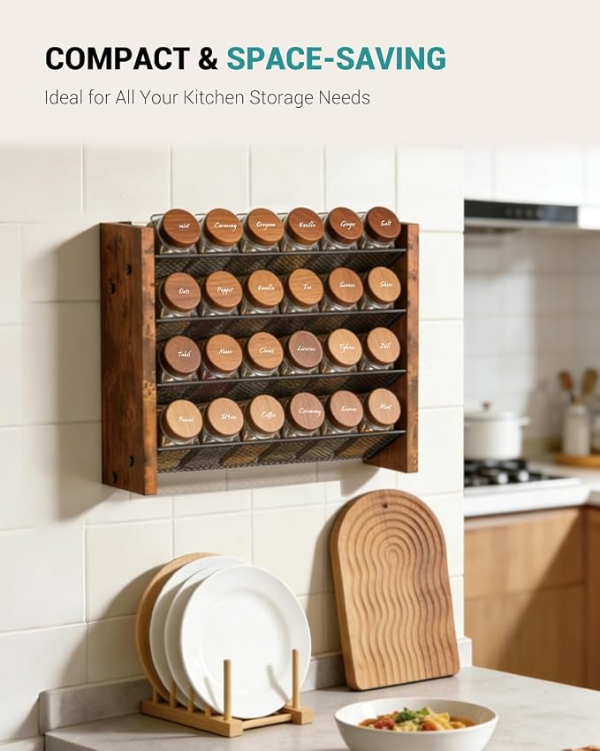 NESAPTO Spice Rack Organizer for Cabinet, Wood 4-Tier Vertical Seasoning Organizer, Wall Mount or Countertop Spice Shelf, Holds 24 Jars (No Jars Included), 12.2" W x 9.4" H - Image 5