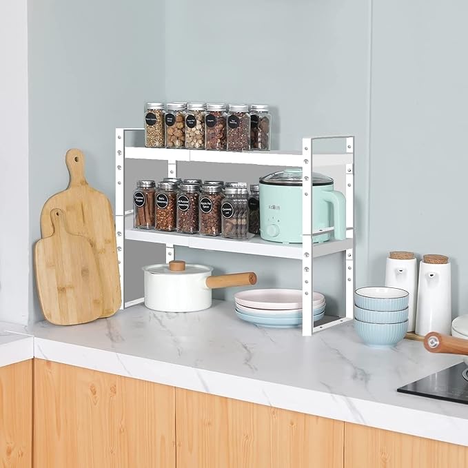Jojocross Expandable Stackable Spice Rack Cabinet Shelf Organizer in Cabinets Shelves Kitchen Cupboard Organization Stack up Racks Pantry Countertop Storage Medium/White 3 Packs - Image 5