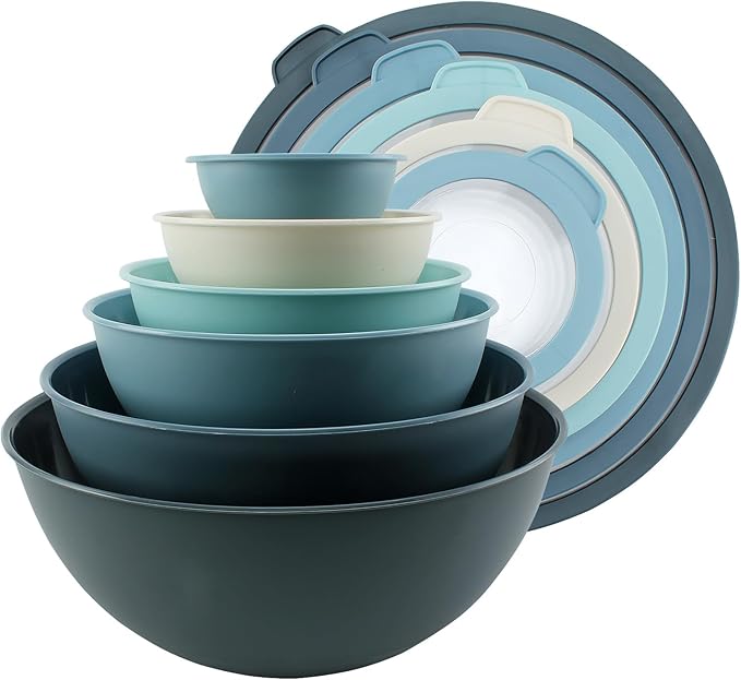 COOK WITH COLOR Mixing Bowls with Lids - 12 Piece Plastic Nesting Bowls Set includes 6 Prep Bowls and 6 Lids, Microwave Safe Mixing Bowl Set, Blue Tritan Lid by CookwithColor
