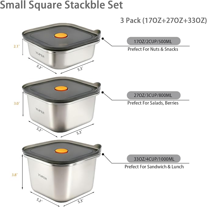 YUPER Stainless Steel Food Containers, 3 Pack (17+27+33OZ) | Meal Prep Containers Set with Leakproof Lids, Perfect for Fruits & Snacks, Bacon Cheese Sandwiches - Image 2