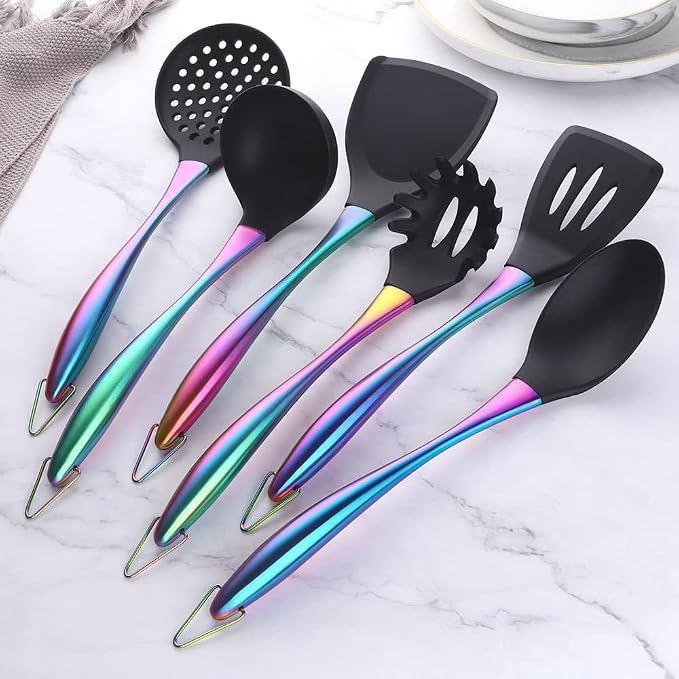 Silicone Cooking Utensil Set,6 pcs Silicone Cooking Kitchen Utensils Set,Non-stick Kitchen Cookware Titanium Stainless Steel Handle with Utensil Holder,Spatula Set for Cooking-Rainbow Color - Image 3