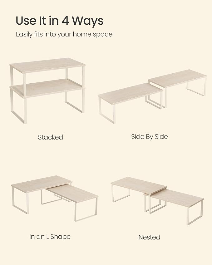 SONGMICS Cabinet Organizer Shelf, Set of 2 Kitchen Counter Shelves, Kitchen Storage, Spice Rack, Stackable, Expandable, Metal and Engineered Wood, 15.6 Inches, Beige & Cream White UKCS025L01 - Image 4