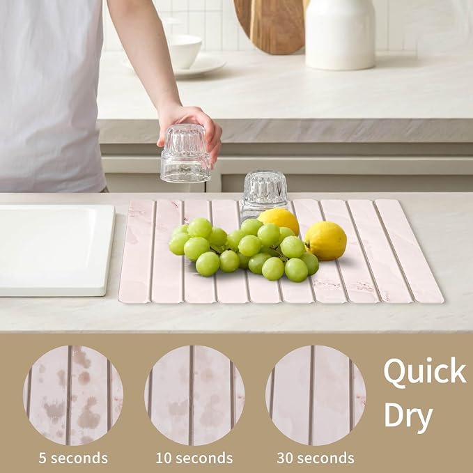 Stone Dish Drying Mat - Large Foldable Marbled Quick Drying Dish Mats With Stone Coasters Set of 4 Collapsible Ultra Absorbent Diatomaceous Earth Mats for Kitchen Counter Bathroom (Pink) - Image 3