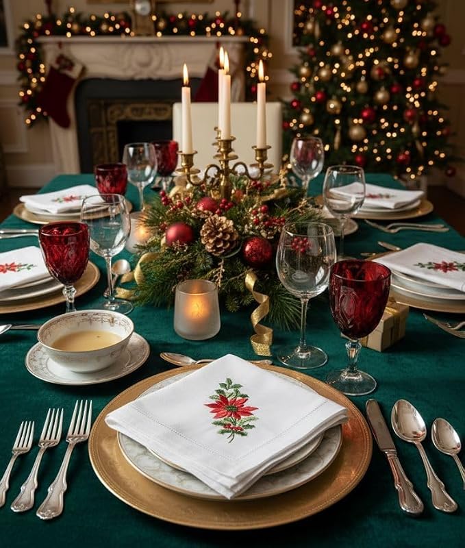 Embroidered Cloth Napkin Poinsettia and Holly Christmas Cotton Napkins Set of 6, 20 x 20 Hemstitch Table Napkins Machine Washable, Daily & Holidays, Great Gift Ideas - Image 3