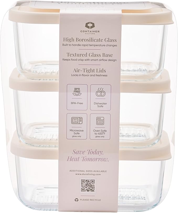 Glass Food Storage Containers with Lids — 6 Piece — 24.4 oz Glass with BPA-Free Leakproof Stackable Lids — Microwave, Oven & Dishwasher Safe — Ideal for Meal Prep & More - Vanilla Mist - Image 2