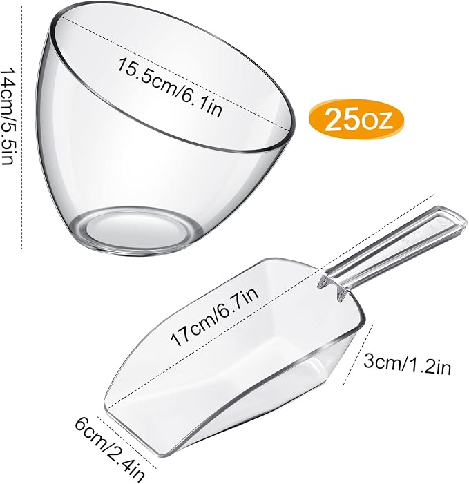 24 Pcs Serving Bowls Kit Include Clear Plastic Bowls for Parties and Popcorn Measuring Scoops Acrylic Plastic Kitchen Angled Candy Scoops for Office Canister Salad Cooking (25 oz) - Image 2