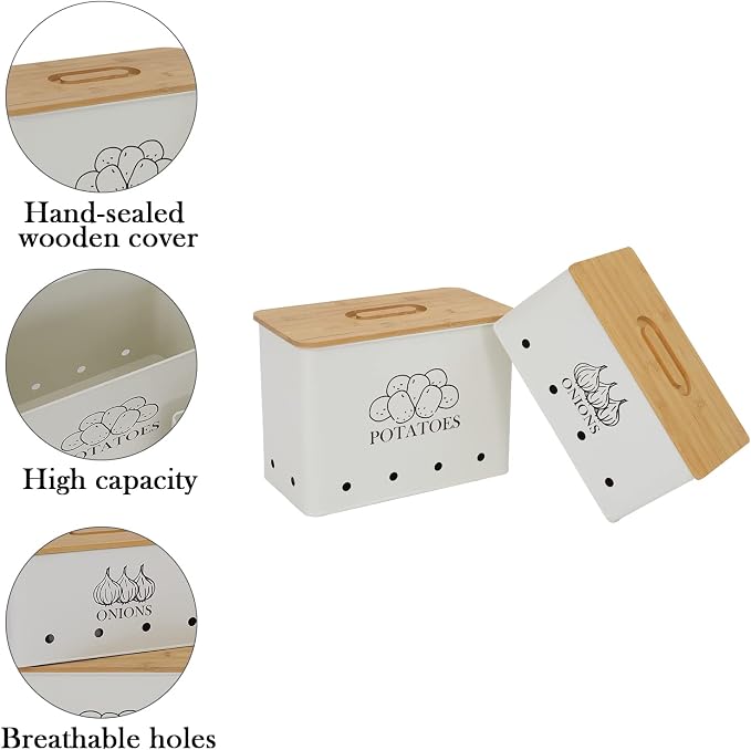 Potato and Onion Storage Bin Set of 2, Vented Metal Vegetable Storage with Wooden Lids, Farmhouse Kitchen Canisters for Countertop Pantry Organizer, Potato Bin Onion Holder for Produce Storage, White - Image 2