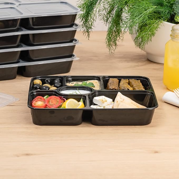 Restaurantware Asporto 53 Ounce Food Containers 100 Microwavable Take Out Food Containers - Clear Plastic Lids Included WIth 6 Compartments Black Plastic Catering Food Containers Disposable - Image 8