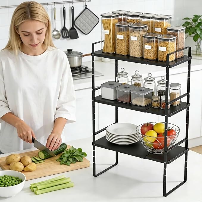Expandable Cabinet Shelf Organizer, Stackable Kitchen Pantry Counter Storage, Adjustable Cupboard Stand Rack Risers Spice Organization Heavy Duty Black Small 3 Pack - Image 2