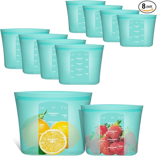 Reusable Sandwich & Snack Bags, 8 Pack 100% Silicone Food Storage Bags Stand Up Zip Lock for Food Container, Freezer Microwave Oven Dishwasher Safe, 4 Small 4 Extra Small, Aqua by Annaklin