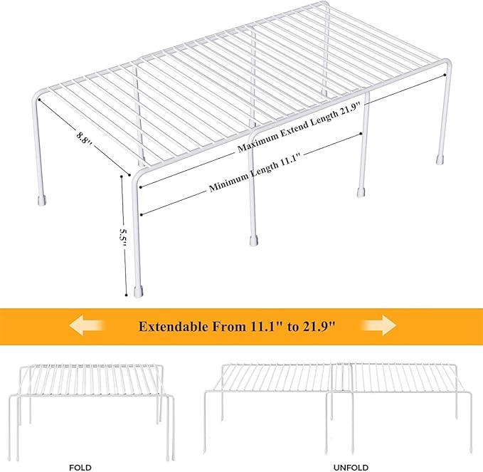 Orgneas Expandable Cabinet Shelf Organizer, Rustproof Metal Shelf Riser Kitchen Counter Storage Organizer Rack for Fridge, Cabinet, Pantry and Bathroom with Scratch Resistant Feet, 2 Sets - Image 3