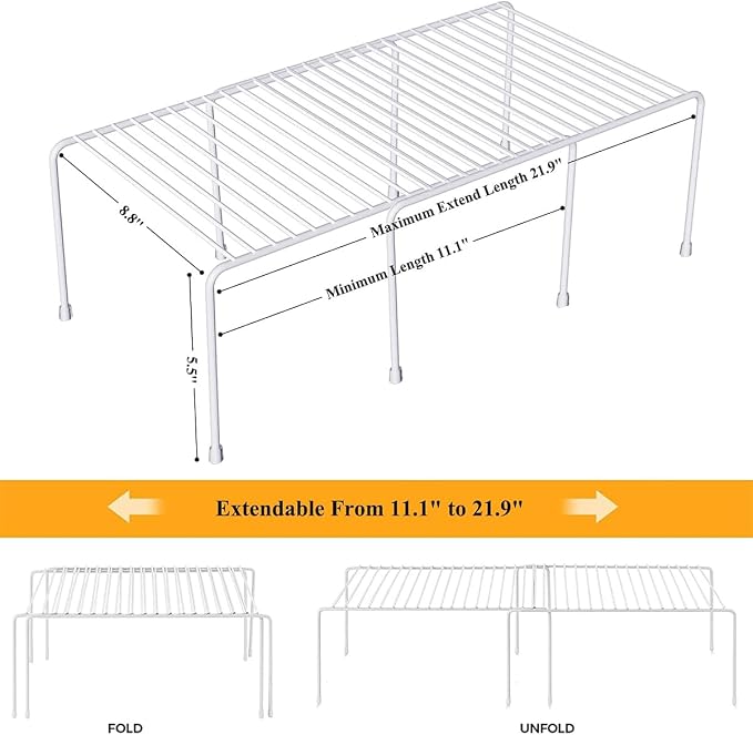 Orgneas Expandable Cabinet Shelf Organizer, Rustproof Metal Shelf Riser Kitchen Counter Storage Organizer Rack for Fridge, Cabinet, Pantry and Bathroom with Scratch Resistant Feet, 2 Sets - Image 3