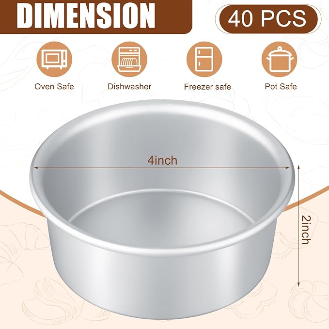 40 Pack Small 4 Inch Cake Pan Aluminum Mini Round Cake Baking Pans Tins Set with 100 Pcs Parchment Paper Rounds Non Toxic Healthy Leakproof Easy Clean Mirror Finish Dishwasher Safe - Image 2