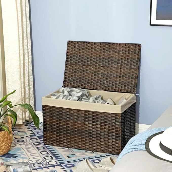 SONGMICS Storage Basket with Lid, Woven Blanket Storage Bin with Handles, Foldable, Removable Liner, Metal Frame, for Bedroom, Laundry Room, 42.3 Gallons (160 L), Brown URST76BR - Image 6