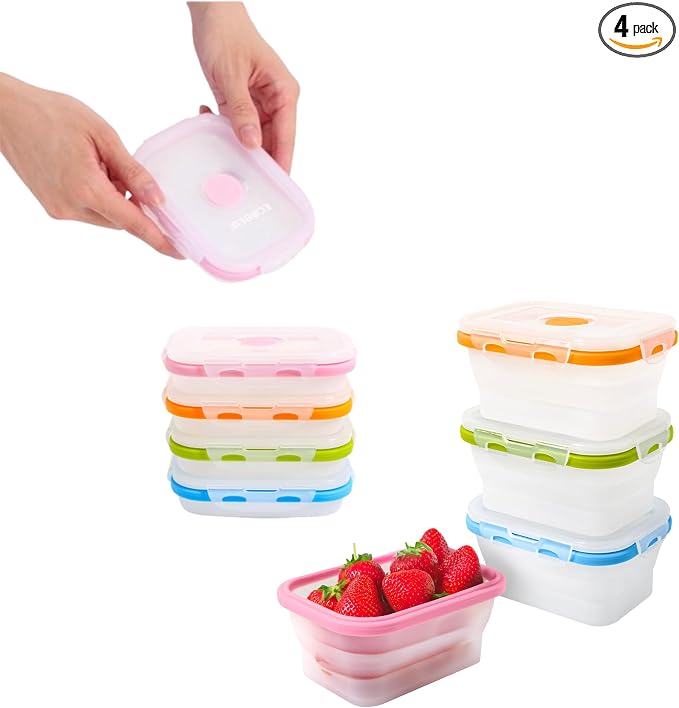 Collapsible Food Storage Containers, 4 Piece, 12 oz | Silicone, Airtight Lids, Space-Saving, Reusable Meal Prep, Microwave, Freezer & Dishwasher Safe by SmartDesignForEverydayLife