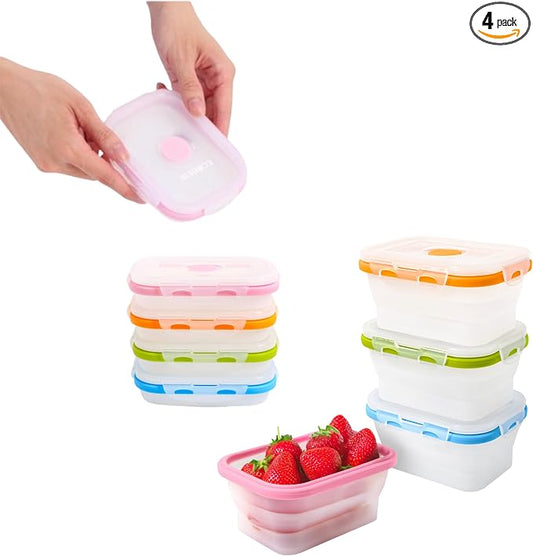 Collapsible Food Storage Containers, 4 Piece, 12 oz | Silicone, Airtight Lids, Space-Saving, Reusable Meal Prep, Microwave, Freezer & Dishwasher Safe by SmartDesignForEverydayLife