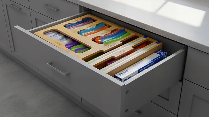 Storage Bag organizer, 6 in 1 Foil and Plastic Wrap Dispenser with Cutter, Bamboo Kitchen Drawer Organizer Food Bag Organizer for Gallon, Quart, Sandwich, Snack Bags (Natural) - Image 5