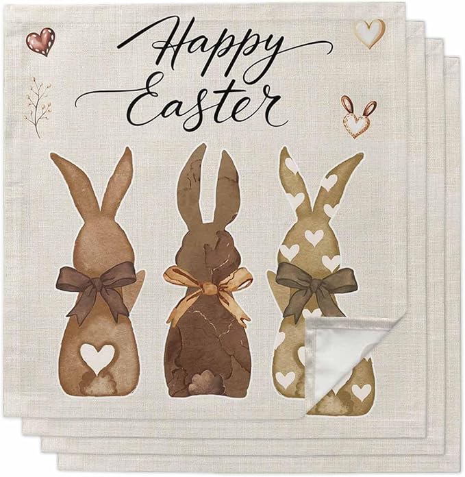 Kitchen Dinner Napkins Set of 4, Happy Easter Cloth Napkins Reusable Washable Table Napkins for Weddings Cocktail Parties Holiday Table Decor 20x20 Inch Brown Bunny Vintage Burlap Backdrop by Unknown