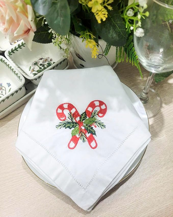 – Embroidered Cloth Napkins Double Candy Christmas Design, Set of 6, Cotton Hemstitch Table Napkins 20x20, Machine Washable – Festive & Elegant Holiday Dining, Ideal Gift Idea - Image 2