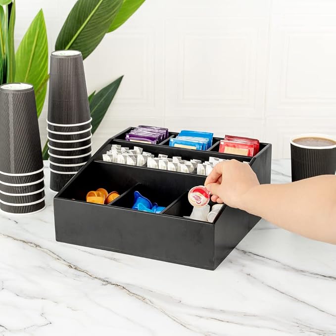 Restaurantware-11.75 x 5.5 Inch Coffee Condiment Organizer, 1 Square Creamer Organizer - 9 Compartments, Break-Resistant, Black Bamboo Coffee Accessory Caddy, Won't Chip, For Sugar Packets & Creamers - Image 5