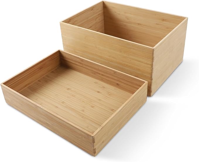 BAMOTTO CRAFTBAMBOO 2-Piece Bamboo Storage Box Set Stackable Organizer | Open-Top Design | Deep Bin Drawer Organizer + Shallow Tray | Kitchen Pantry | 14.6"x10.2"x7.1" + 14.6"x10.2"x3.1" by BAMOTTOCRAFTBAMBOO