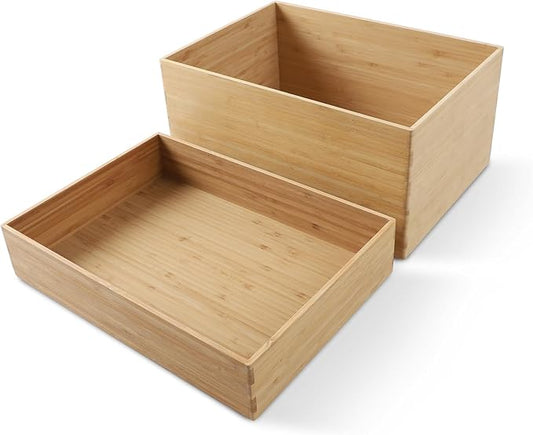 BAMOTTO CRAFTBAMBOO 2-Piece Bamboo Storage Box Set Stackable Organizer | Open-Top Design | Deep Bin Drawer Organizer + Shallow Tray | Kitchen Pantry | 14.6"x10.2"x7.1" + 14.6"x10.2"x3.1" by BAMOTTOCRAFTBAMBOO