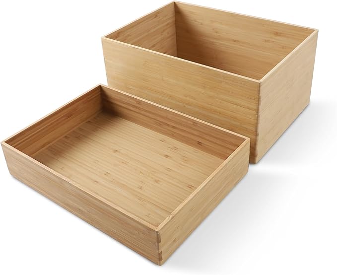 BAMOTTO CRAFTBAMBOO 2-Piece Bamboo Storage Box Set Stackable Organizer | Open-Top Design | Deep Bin Drawer Organizer + Shallow Tray | Kitchen Pantry | 14.6"x10.2"x7.1" + 14.6"x10.2"x3.1" by BAMOTTOCRAFTBAMBOO
