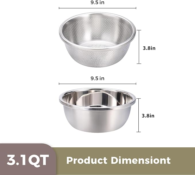 Colander and Bowl Set 3.1QT (2-in-1) - Thickened 304 Stainless Steel Kitchen Strainer Bowl for Fruit, Pasta, Vegetables, Rice - Heavy Duty, Induction Cooker & Dishwasher Safe - Image 3