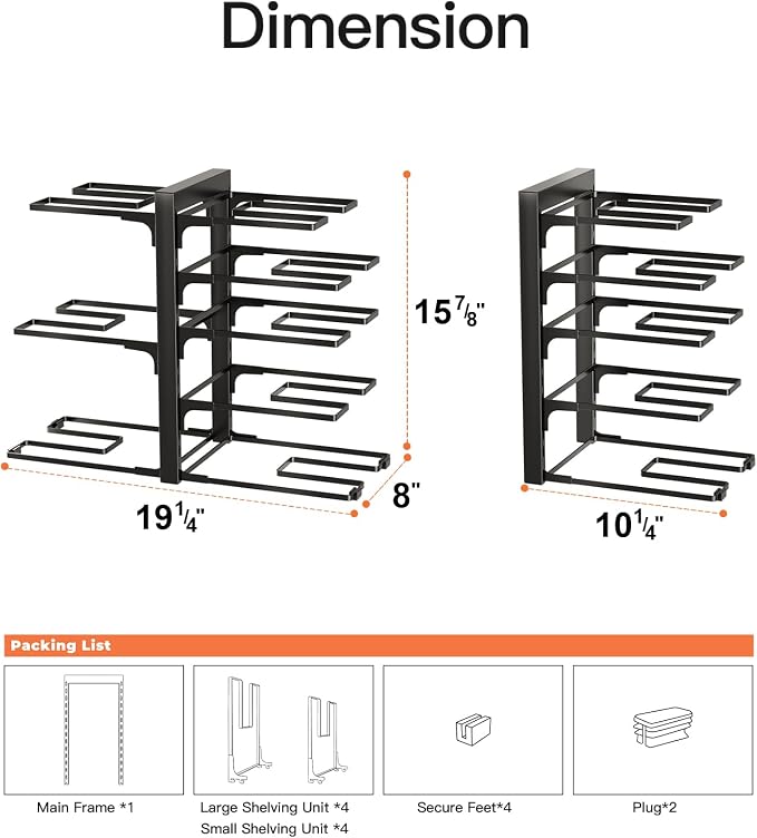 Pots and Pans Organizer Under Cabinet 15.8", 8-Tier Adjustable Black | 2 DIY Modes, Tool-Free Assembly, Max 120 Lbs, Fits Cast Iron Pans, Dutch Ovens & Heavy Cookware, For Kitchen Cabinets - Image 4