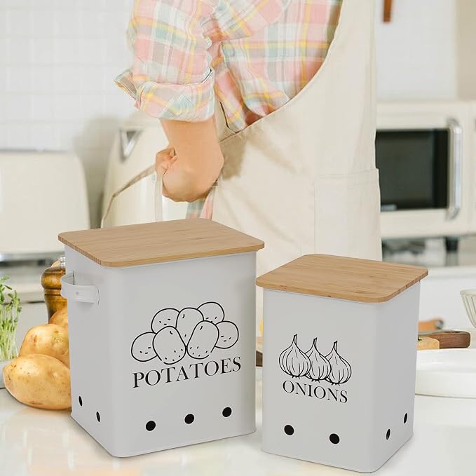 Kitchen Vegetable Storage Tins Set of 2, Onion and Potato Storage Bins with Wooden Lid and Aerating Holes, Garlic Bin Caddy, Vintage Kitchen Decor, White - Image 4