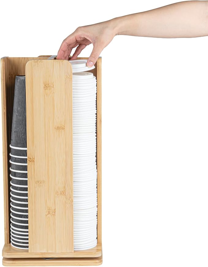 Restaurantware Restpresso 9 x 18 Inch Coffee Cup and Lid Organizer 1 Revolving Cup and Lid Holder - 4 Section Countertop Natural Bamboo Cup and Lid Dispenser For Restaurants Homes or Offices - Image 16