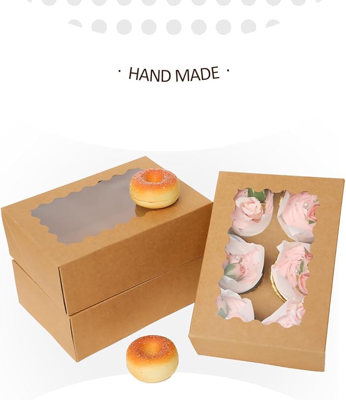 qiqee Auto-pop Up Cupcake Boxes with Window Brown 100PCS 6 Count Cupcake Box 9.4"x6.1"x3" Cupcakes Carrier, 6 Cupcake Containers - Image 2