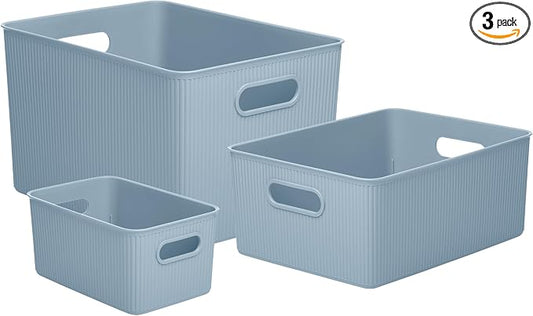 Superio Ribbed Collection - Decorative Plastic Basket Open Home Storage Bins Organizer, Blue (Set of 3) 1 X-Large, 1 Large, 1 Medium - Container Boxes for Organizing Closet Storage Bins for Shelves by Superio