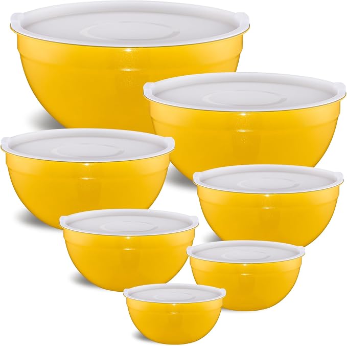 Yellow Mixing Bowls with Airtight Lids, Stainless Steel Nesting Mixing Bowls Set of 7, Ideal for Baking, Prepping and Serving Food, Size 7, 3.6, 2.7, 2.1, 1.5, 1.1,0.8 QT, Stackable Design by Moxinox