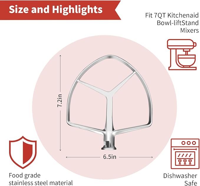 Flat Beater for KitchenAid 7QT Bowl-Lift Stand Mixers | Stainless Steel, Food Grade Replacement Attachment, Dishwasher Safe - Image 3