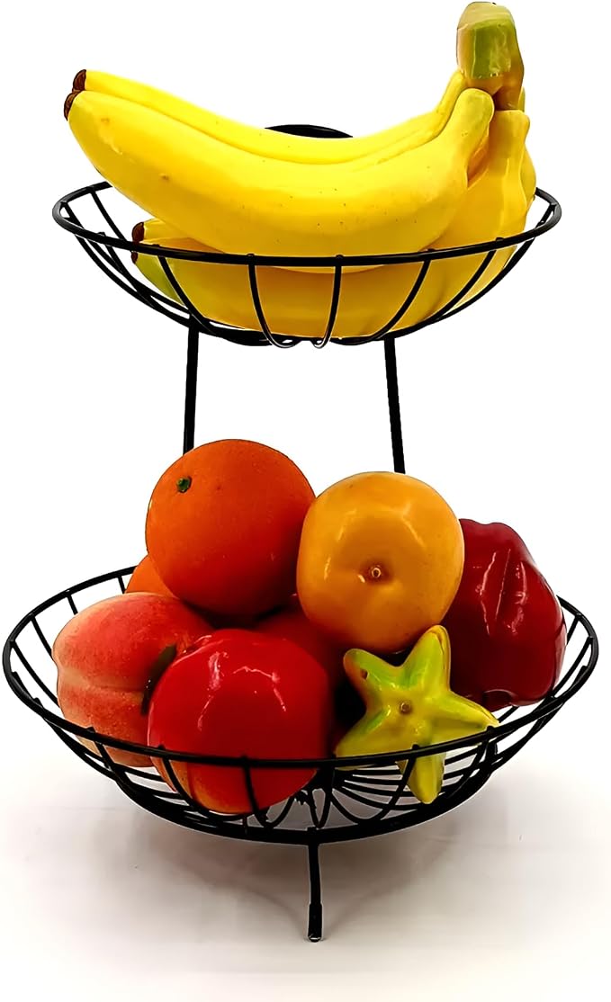 2-TierFruit & Vegetable Basket for Dining Table, Centre Table I Metal Fruit Bowl or Bread Basket Vegetables Storage Organizer Holder I Multi-Purpose Basket for Kitchen & Home, Black - Image 8