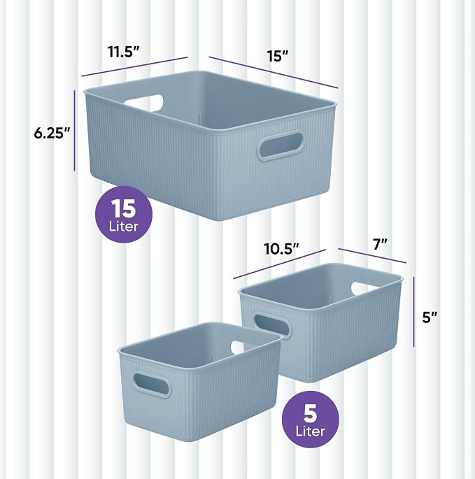 Superio Ribbed Collection - Decorative Plastic Basket Open Home Storage Bins Organizer, Blue (Set of 3) 1 Large, 2 Medium - Container Boxes for Organizing Closet Storage Bins for Shelves Drawer Shelf - Image 2