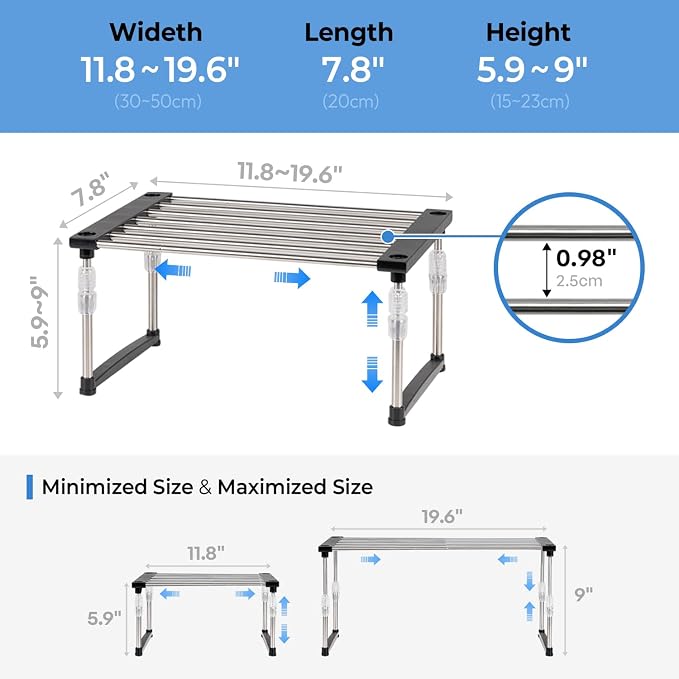 2Pack Expandable Cabinet Organizer 11.8~19.6 x 7.8 x 6~9 - Black | Width & Height-adjustable Kitchen Cabinet Organizer Shelf, Stackable Kitchen Counter Shelf - Image 3