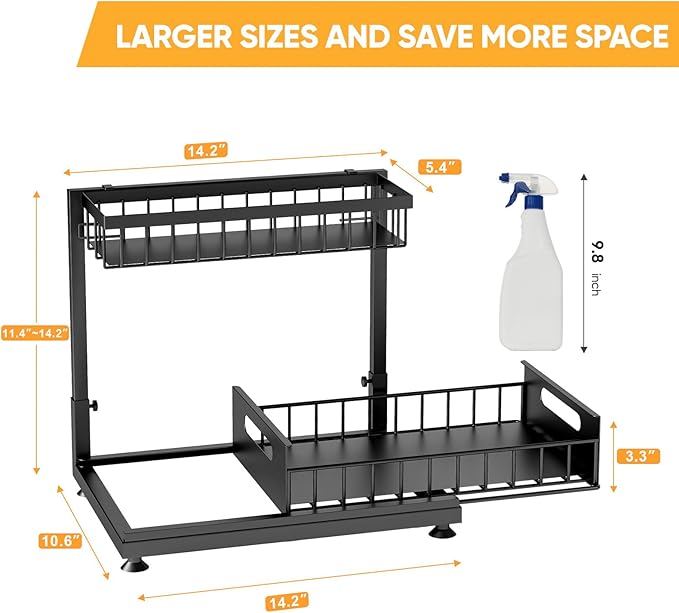 2-Pack L-Shaped Under Sink Organizer, 2-Tier Pull-out Cabinet Rack | Black Height-Adjustable Steel Rack, Sliding Grid Drawers with PP Liners, Holds 100 Lbs, Suction Base, Ideal Kitchen Storage - Image 8