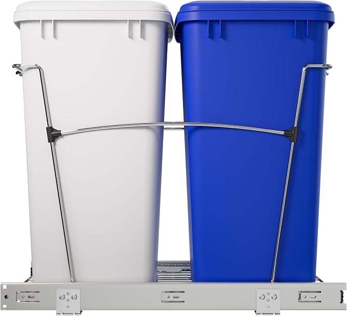 Rev-A-Shelf Double Pullout Garbage Trash Cans for Kitchen Cabinets, 35 Qt | Large Capacity Waste/ Recycling Bins, Heavy Gauge Wire Construction, with Full Extension Slides, Blue/White, RV-18KD-11RC-S - Image 8