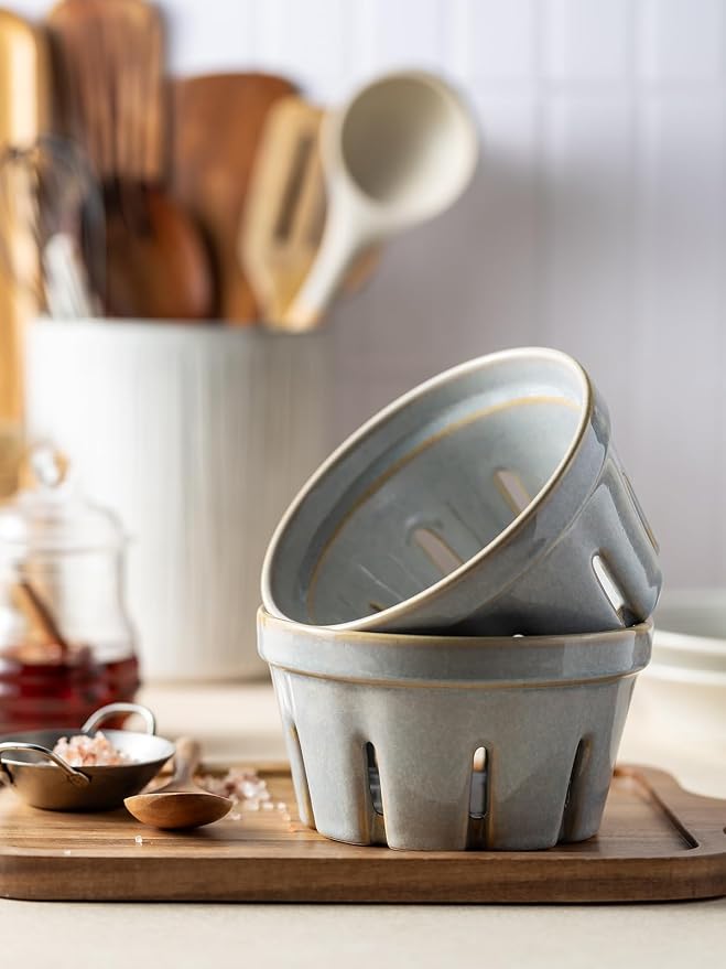 Gomakren Ceramic Berry Bowl Set of 2, Fruit Containers for Fridge, Gray | Drain Holes Keep Berries Fresh, Stackable, Wash & Serve | 5.8In Round Strawberry Grape Cherry Basket, Farmhouse Kitchen Decor - Image 6
