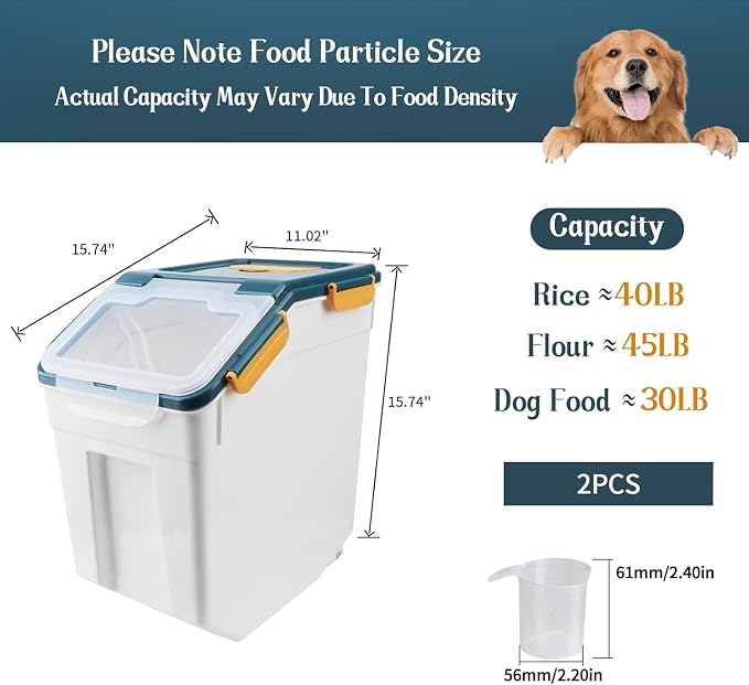 50lb Flour Storage Container with Lid, 2 Pack Large Airtight Rice Storage Container with Wheels, Measuring Cup, Scoop, for Sugar Grain Cereal Dry Food, Rice Dispenser, Pantry Organization (Dark Blue) - Image 2