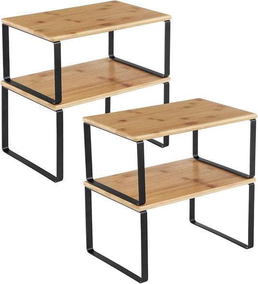 SONGMICS Cabinet Organizer Shelf, Set of 4 Kitchen Counter Shelves, Kitchen Storage, Spice Rack, Stackable, Expandable, Metal and Engineered Wood, Ink Black and Natural Beige UKCS10NB by Unknown