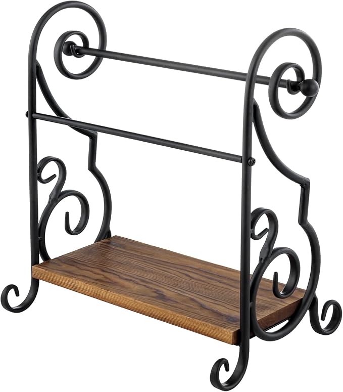 MyGift Black Metal Countertop Paper Towel Holder with Rustic Solid Burnt Wood Storage Shelf and Scrollwork Design, Easy Refill Single Roll Holder - Image 5