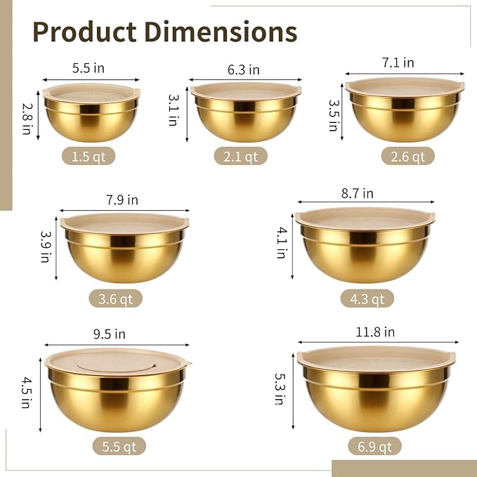 20 PCS Gold Mixing Bowls with Lids Set - 7 Mixing Bowls with 3 Graters, 8 Measuring Spoons, 1 Whisk, and 1 Food Tong, Nesting Bowl Set for Baking, Cooking, Meal Prep - Image 4